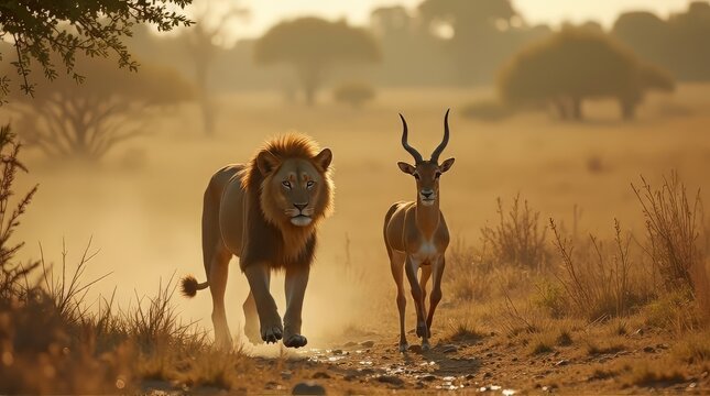 Lion and Impala Walk in African Savannah