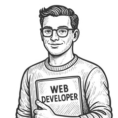 cheerful male programmer using a laptop, perfect for tech, coding, or freelancer concepts sketch engraving fictional character vector illustration. Scratch board. Black and white image.