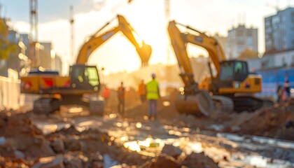 Blurred construction site with excavators and workers silhouetted against the sunset