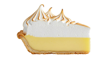 Isolated lemon meringue pie slice close-up on crusty pastry, yummy topping with burnt accents