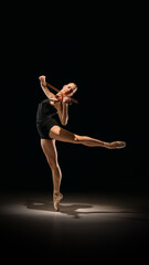 Naklejka premium Ballerina performing high leg extension while playing violin on dark stage. Concept of artistic motion, emotional stage visuals, expressive body work, theatre promo, music-dance storytelling.