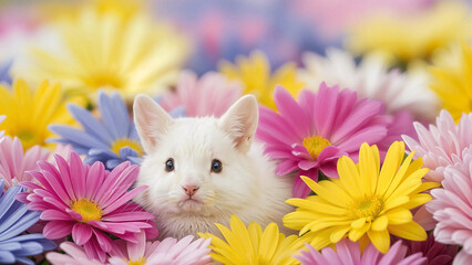 Adorable white kitten peeking out from a vibrant field of colorful spring flowers, showcasing innocence and beauty