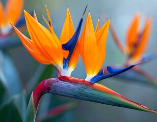 Bright orange and blue bird-of-paradise flower in focus, against a softly blurred, similar floral background
