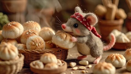 Animated mouse with bread whimsical composition featuring baked goods and food styling