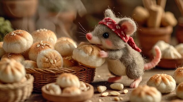 Animated mouse with bread whimsical composition featuring baked goods and food styling