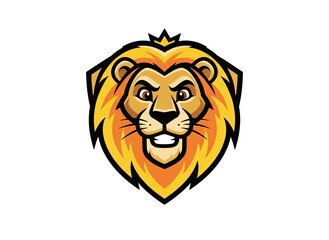Stylized Lion Head Emblem with Golden Mane and Crown on Black Background Majestic Feline Portrait Symbolizing Power and Royalty Detailed Graphic Illustration