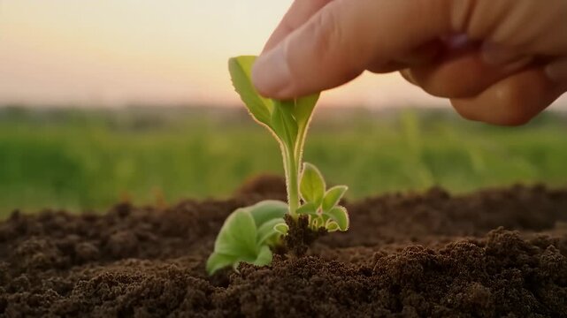 Gentle nurturing of a seedling in fertile soil at sunrise, growth journey