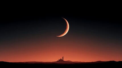 Crescent moon glowing with beautiful desert mosque silhouette