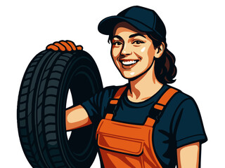 Tire Technician cheerful female mechanic in uniform and gloves holding a car tire, ideal for automotive and repr themes. vector colorful pop art illustration.