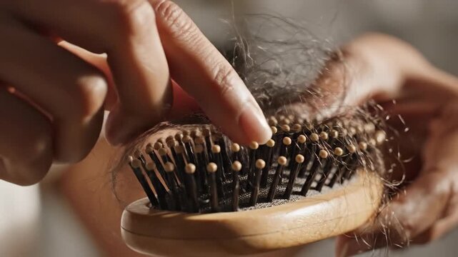 Woman's hand removing hair from a wooden hairbrush in bright sunlight showcasing hair loss and health concerns related to alopecia and aging with a focus on personal care