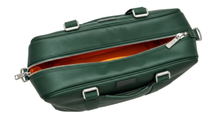 Isolated green duffel bag luggage with orange interior, perfect for travel and weekend adventures