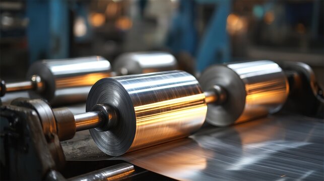 Industrial machinery processes shiny metal sheets through heavy rollers in a manufacturing facility