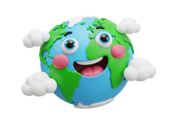 Isolated cartoon Earth character with smile, clouds, and pink cheeks for environmental themes