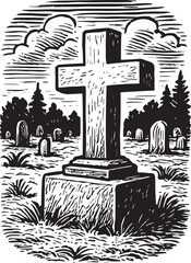 Tombstone in cemetery hand drawn vector illustration