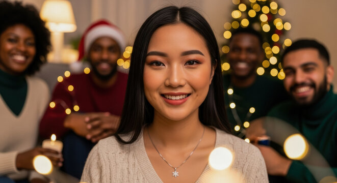 Smiling Asian woman looking at camera during Christmas gathering with diverse friends and family in a warmly lit living room. - Powered by Adobe