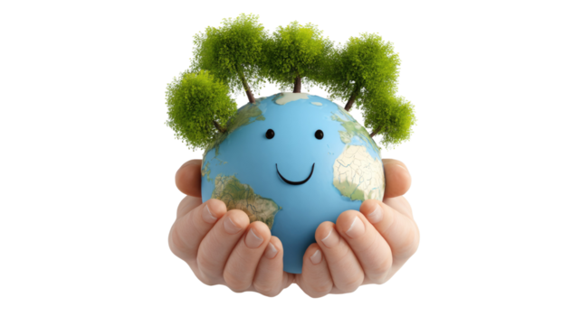 Cupped hands gently hold a happy, smiling Earth globe with small green trees growing from its top, symbolizing environmental care and sustainability. background removed
