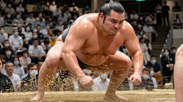 focused sumo wrestler crouching in traditional fighting stance on the dohyo during a competitive tournament with crowd watching closely