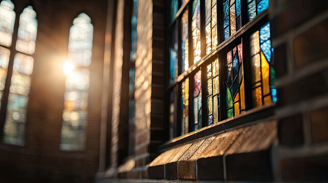 Sunlight Streaming Through Stained Glass Windows in a Brick Building Creating an Abstract Impressionistic Glow with Vibrant Colors and Warm Light - Powered by Adobe