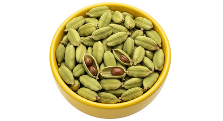 Isolated light-green cardamom pods in yellow bowl, some open and displaying seeds, cooking ingredient