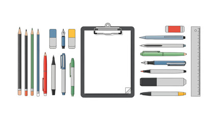 Stationery set: pencils, pens, erasers, clipboard, and ruler on white.