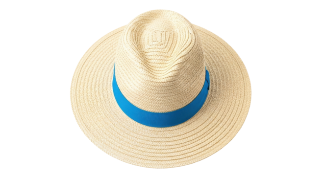 Isolated straw sun hat with a blue band, summer fashion item for outdoor sun protection