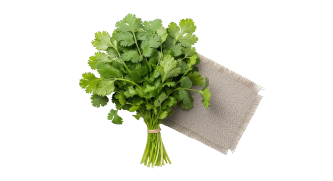 Isolated cilantro bunch, bound at base, atop brown burlap, healthy food, fresh culinary herb