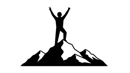 Silhouette of a person standing on top of a mountain with arms raised in celebration.