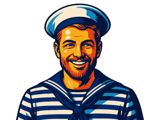 Obraz premium cheerful bearded slor in classic striped navy uniform, perfect for nautical, vintage, or maritime themes. vector colorful pop art illustration.