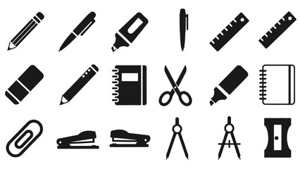 Black and white icons of school supplies, including pens, pencils, erasers, notebooks, scissors, and other stationery.