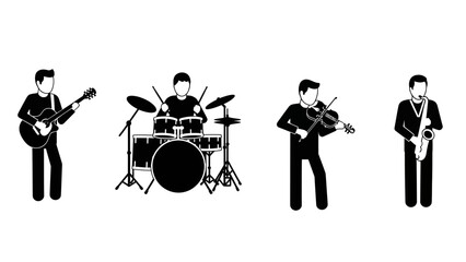 A band of four musicians playing different instruments in black and white.