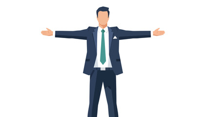 Illustration of a businessman in a suit with arms outstretched, symbolizing openness and welcome.