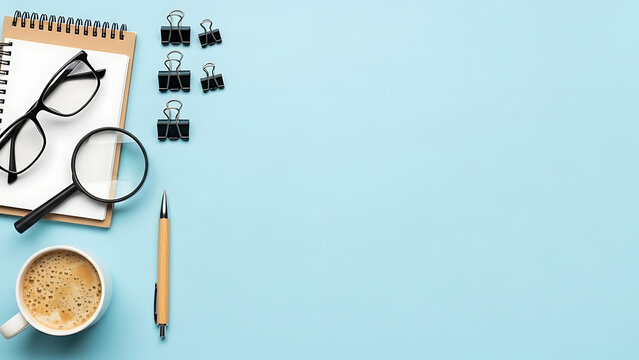 Top view of a clean blue office desk with a notebook, magnifying glass, and coffee, perfect for business or study concepts