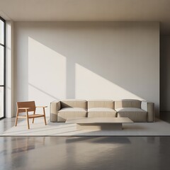 Warm neutral living space with modern couch and chair bathed in sunlight brings a sense of calm and sophistication for home decor inspiration and design projects