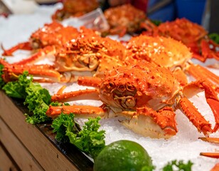 Bright orange cooked crabs displayed on ice with green lettuce and lime, ready to be served and consumed