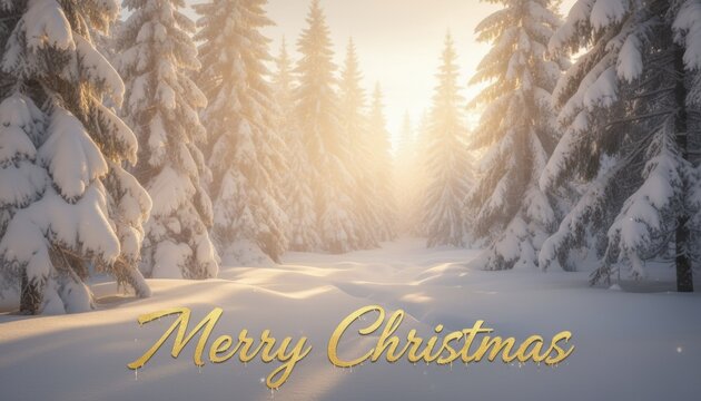 Snowy forest sunrise with merry christmas text expressing peaceful winter landscape, seasonal greeting theme and serene holiday postcard inspiration