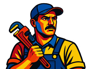 serious plumber with a wrench, wearing overalls and cap, symbolizing repr and mntenance services. vector colorful pop art illustration.