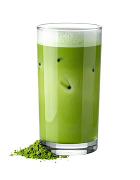 A refreshing iced matcha latte beverage in a mason jar, a modern take on the traditional japanese tea, isolated on white background