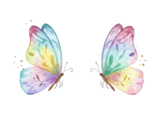 Two Delicate Watercolor Butterflies With Rainbow Colored Wings And Leaf Motifs Isolated On A Transparent Background Symbolizing Spring And Transformation