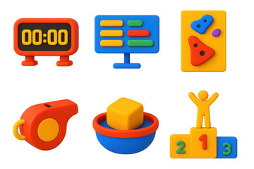 3D Climbing Icons. 3D icon set of competition climbing: timer display, scoreboard, route preview, referee whistle, chalk tray,