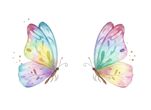 Two Delicate Watercolor Butterflies With Rainbow Colored Wings And Leaf Motifs Isolated On A Transparent Background Symbolizing Spring And Transformation