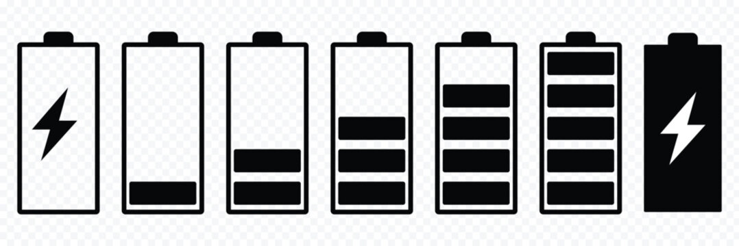 Battery level indicators. Colorful battery charge level icons. Battery power level pictograms in outline style. Vector. set of battery symbols charge level icon pictogram low to full battery level set