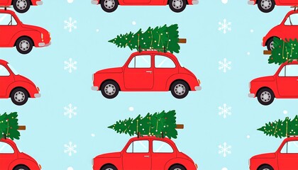 Cartoon red cars carrying Christmas trees on a pale blue background sprinkled with white snowflakes form a repeating pattern