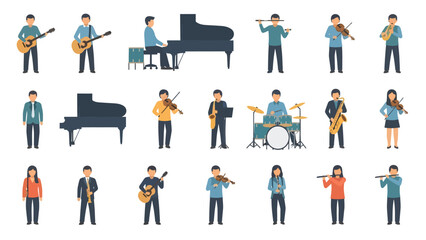 Illustration of musicians playing various instruments, including guitar, piano, flute, violin, accordion, drums, and saxophone.