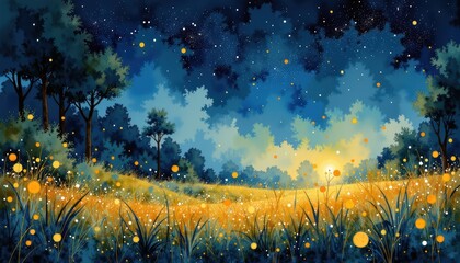 Grassy field and trees at night expansive grassy field and towering trees illuminated by moonlight in tranquil night setting