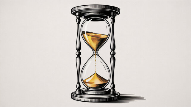 Elegant hourglass with golden sand flowing symbolizing time and deadlines passing