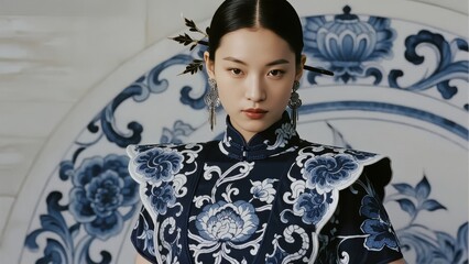 Woman in traditional blue and white floral attire with ornate hair accessories, standing before a matching ceramic backdrop