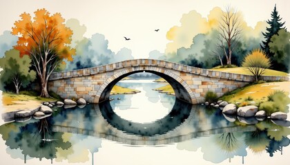 Watercolor painting of bridge over river vibrant watercolor artwork depicting sturdy bridge spanning calm river under clear sky