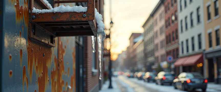 A single icicle hanging from a rusty fire escape with urban background  