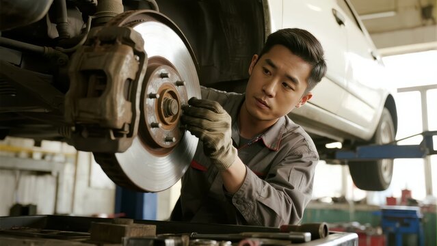 Mechanic inspecting brake disc on elevated vehicle in workshop