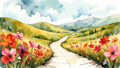 Watercolor painting of road to vibrant flower field vibrant watercolor painting showcasing road winding towards extensive field of colorful flowers